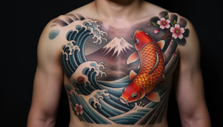 Красивая фотография татуировки на спине в японском стиле.