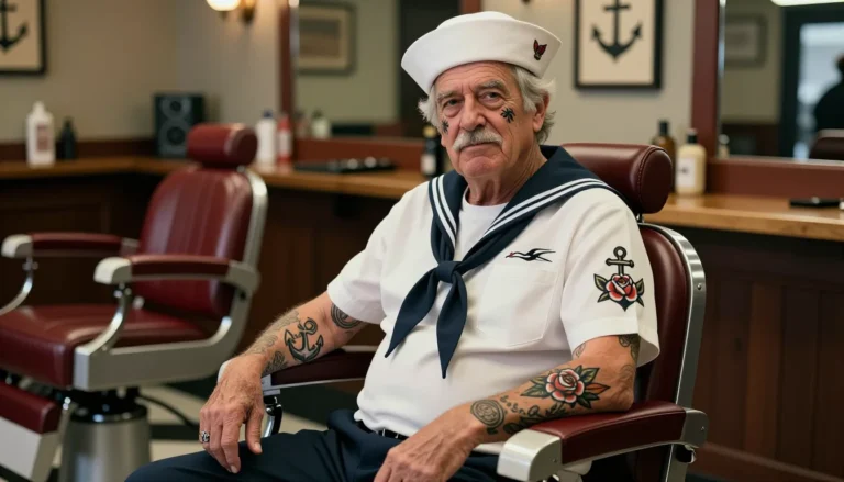 Старый моряк с татуировками в стиле олдскул