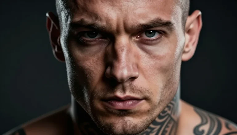 Мужчина с татуировками смотрит в камеру