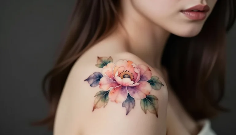 Watercolor floral tattoo on a shoulder blade