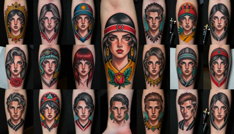 Colorful collage of vibrant New School style tattoos