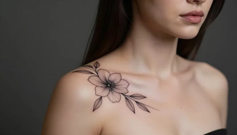 Элегантная татуировка из линий на плече девушки.