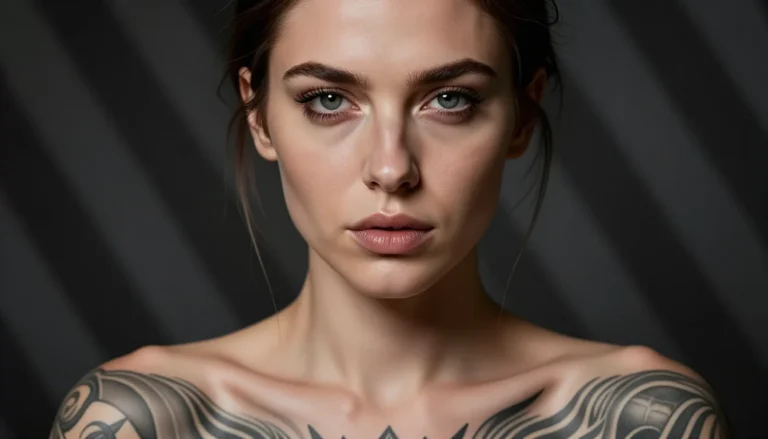 Woman with feminist inspired tattoo artwork.