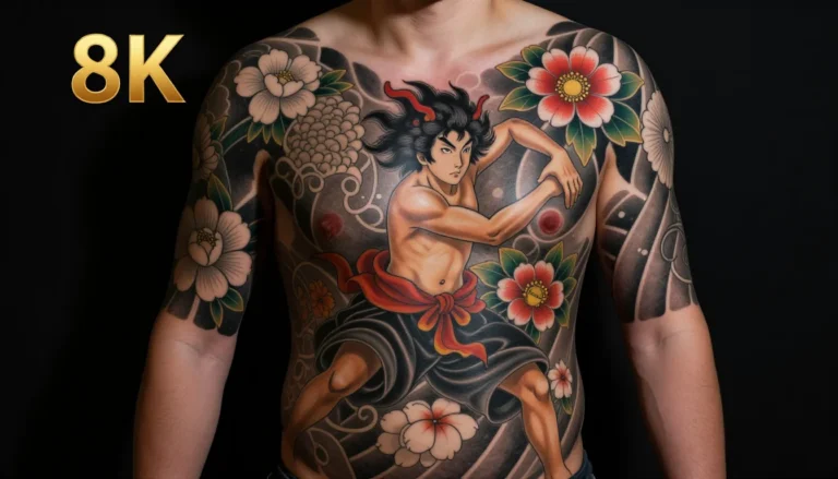 Человек с татуировкой на все тело в стиле японской мифологии и цветочных элементов.