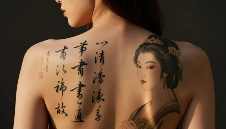 Женщина с иероглифами на спине
