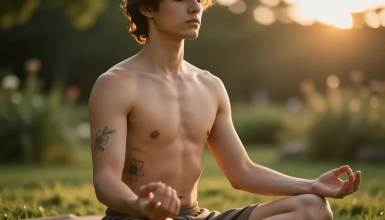 Спокойный человек с татуировками в саду.