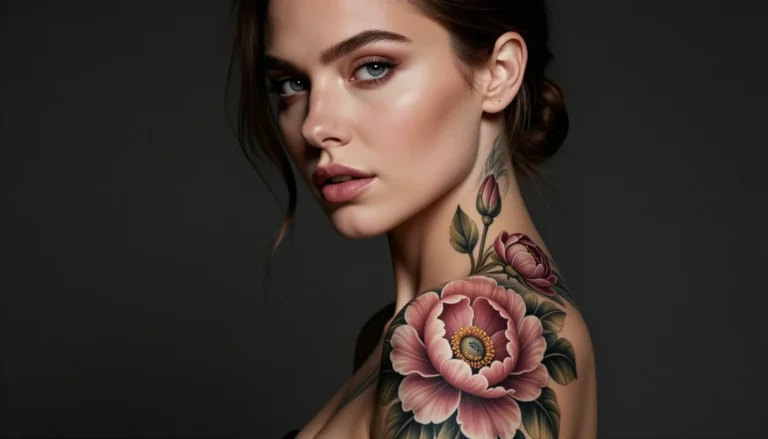 Реалистичная цветочная татуировка на плече и шее женщины.
