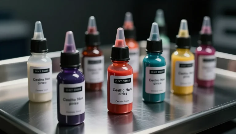 Tattoo pigments in glass bottles.