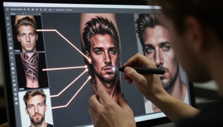 Realistic digital illustration of custom tattoo design process