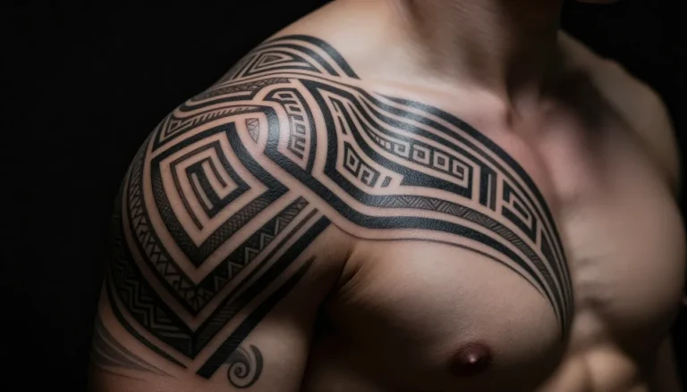 Красивая татуировка в стиле блэкворк на плече мужчины.