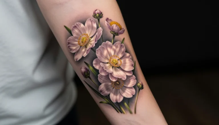 Blooming wildflowers wrapped around a woman’s arm in a beautiful tattoo.