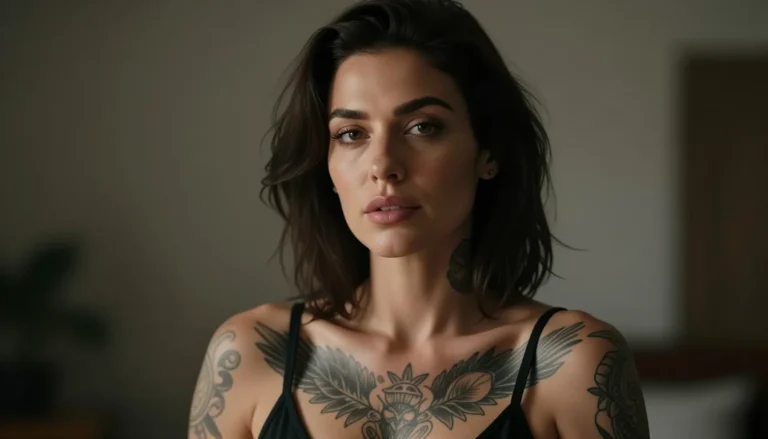 Woman with beautiful realistic tattoos expressing confidence