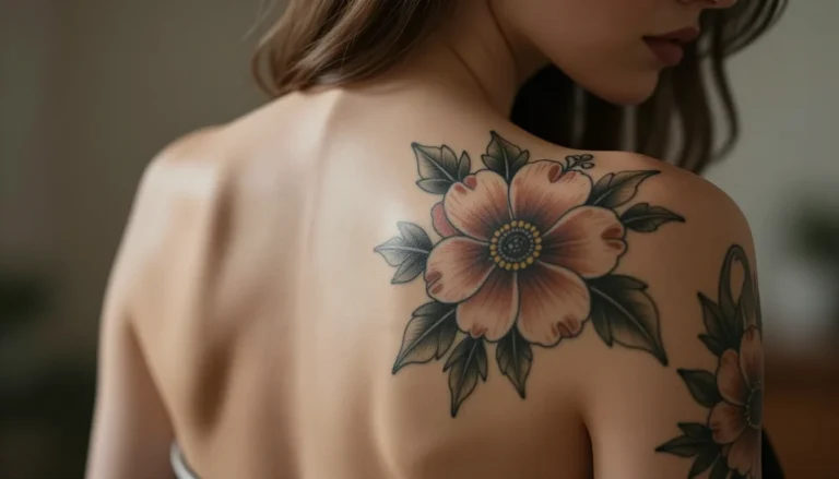 Floral back tattoo on a beautiful woman.