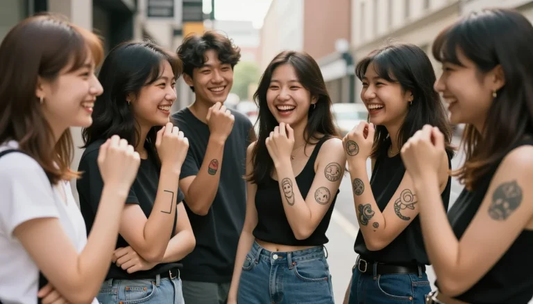 Diverse people enjoying unique funny tattoos.
