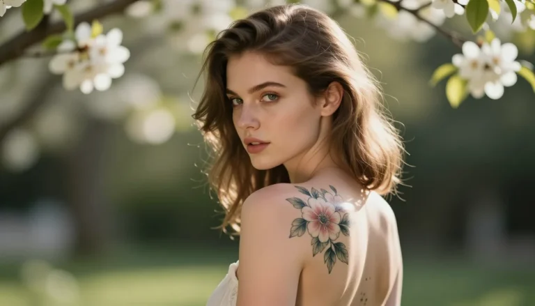Девушка с красивыми татуировками в цветущем саду.
