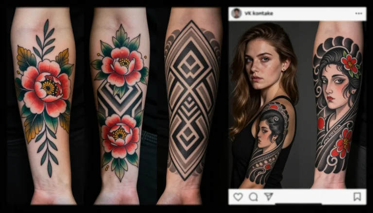 Collage of popular tattoo styles inspired by VK trends.