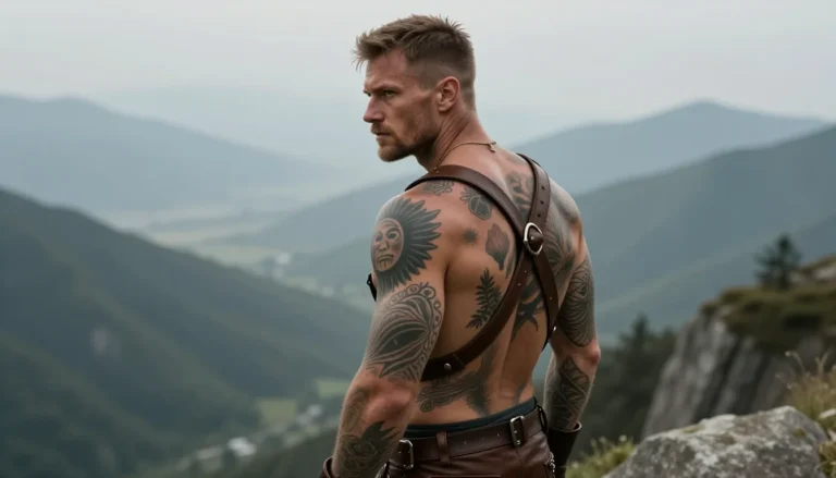 Мужчина с татуировками на фоне горного пейзажа