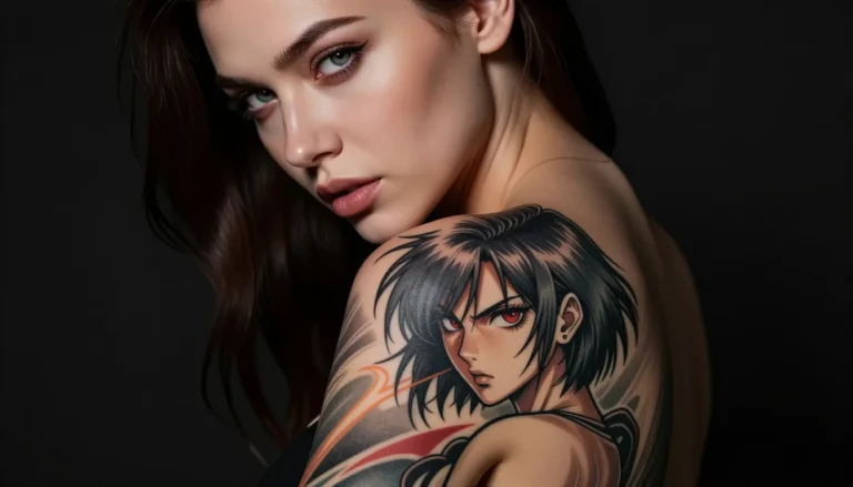 Аниме татуировка на плече девушки.