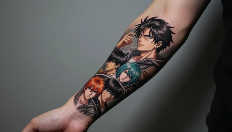 Anime tattoo sleeve on a muscular arm.