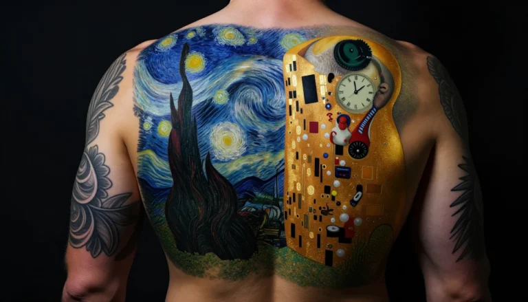 Back covered in famous paintings inspired tattoos.