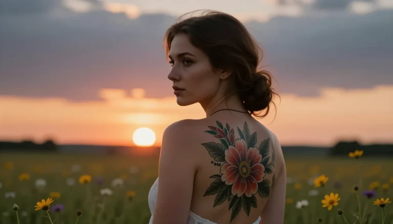 Женская татуировка в поле цветов на фоне заката
