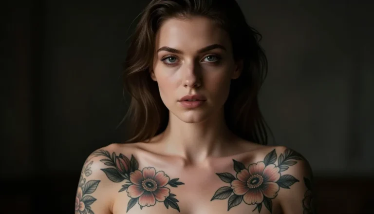 Stunning female portrait covered in floral tattoo designs