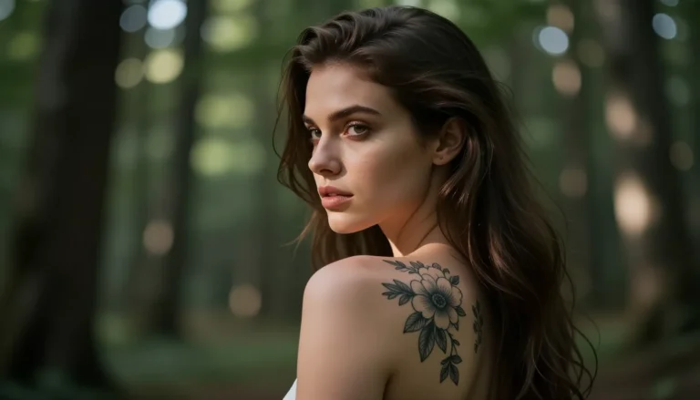 Девушка с красивыми татуировками в лесу