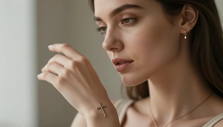 Beautiful woman with a delicate cross tattoo.