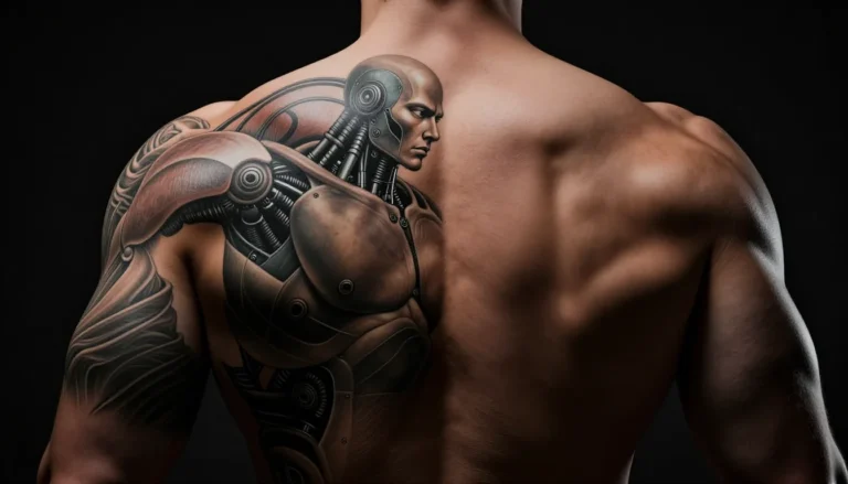 Биомеханическая татуировка на спине мужчины