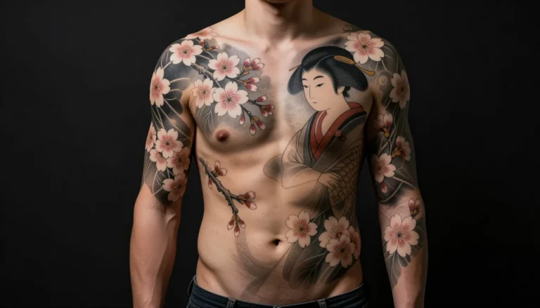 Человек с татуировкой в виде цветущей сакуры на всем теле