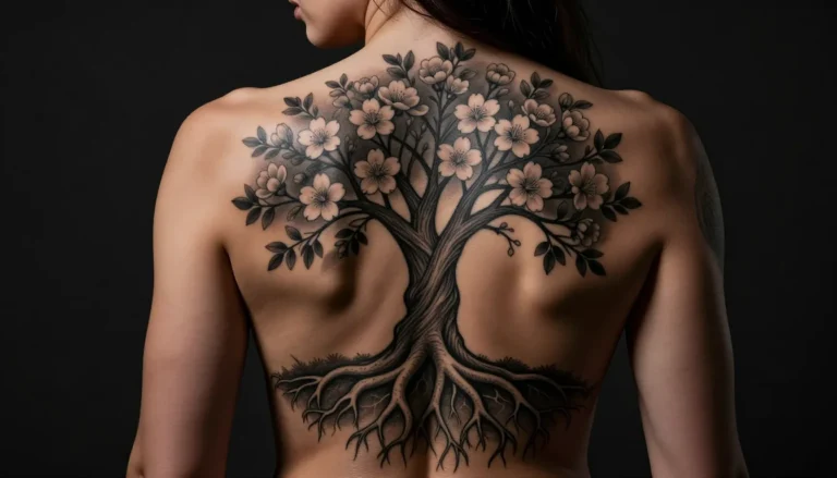 Женская спина с татуировкой в виде цветущего дерева.