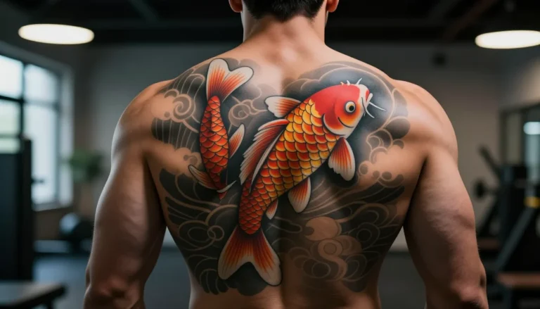 Мужчина с яркой цветной татуировкой на спине.