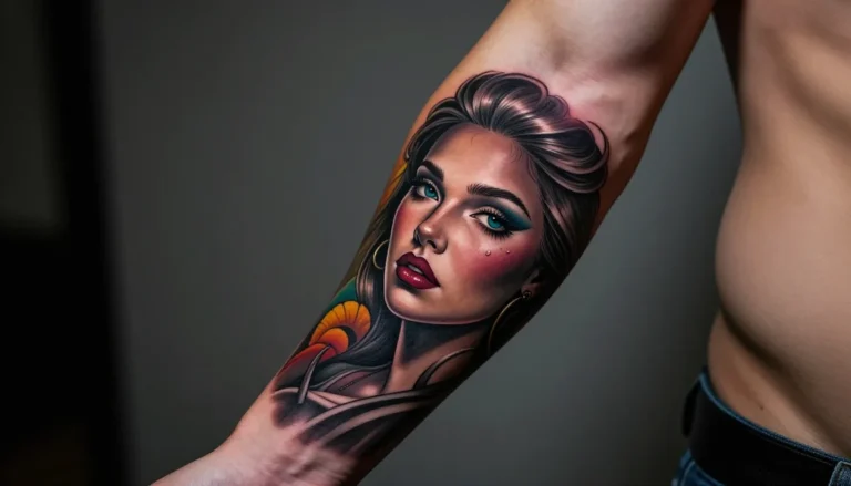 Colorful geometric floral sleeve tattoo on a male arm.