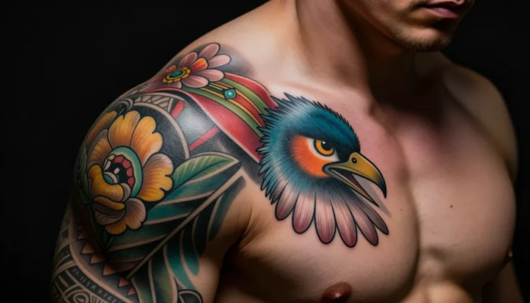 Яркая и четкая татуировка на плече мужчины