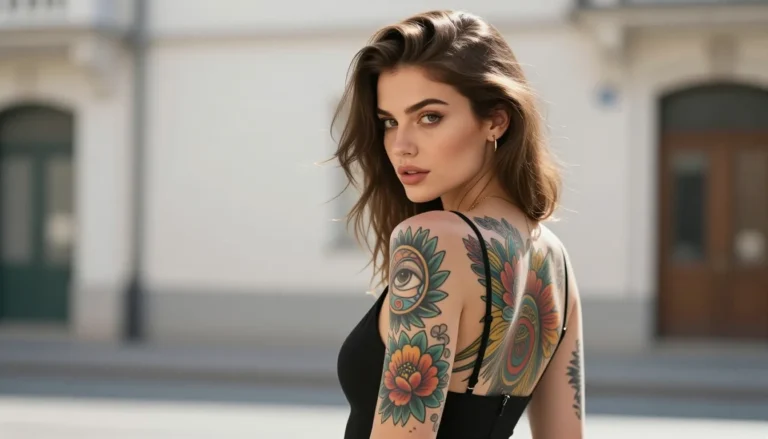 Colorful full sleeve tattoo on woman's arms