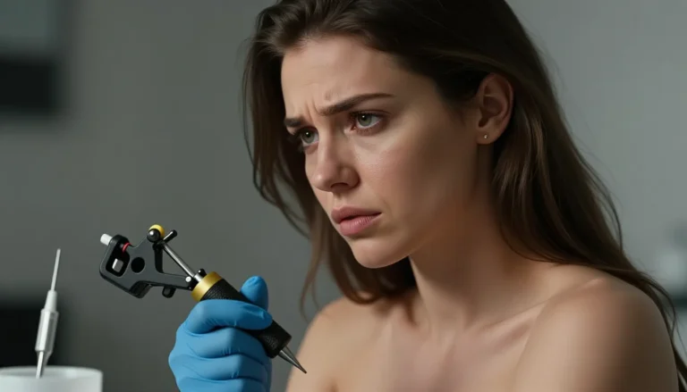 Woman considering whether she should get a tattoo while thinking about her medical history.