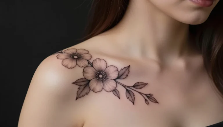 Contour style floral tattoo detail.