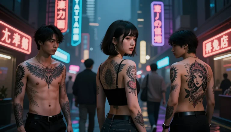 Futuristic cyberpunk city covered in tattoos.