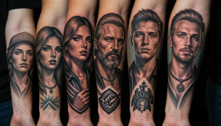 Разнообразные татуировки на руке крупным планом.