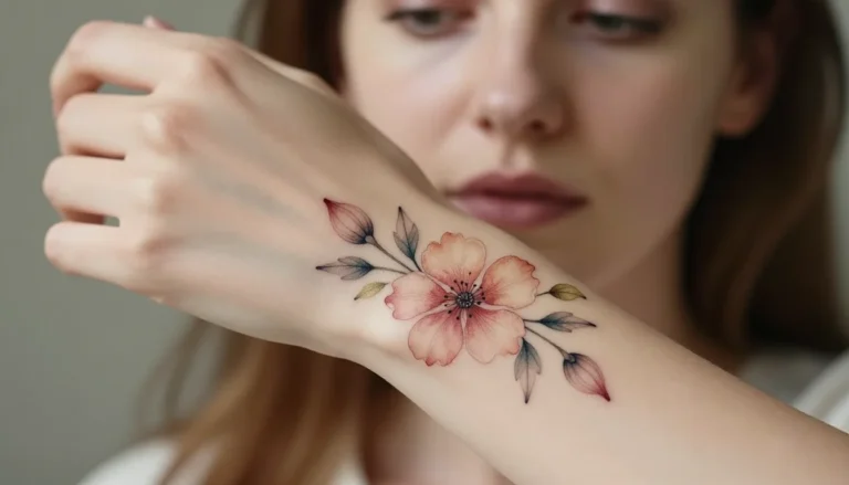 Девушка с маленькой татуировкой в виде цветов на запястье.