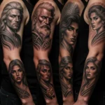 Diverse tattoo collection on arms.