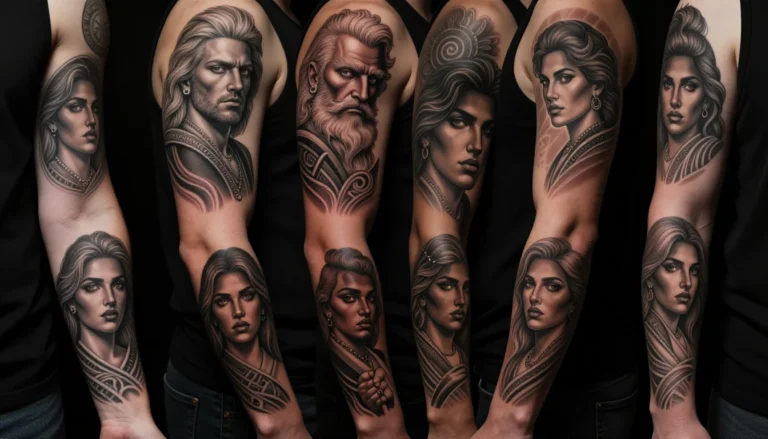 Diverse tattoo collection on arms.