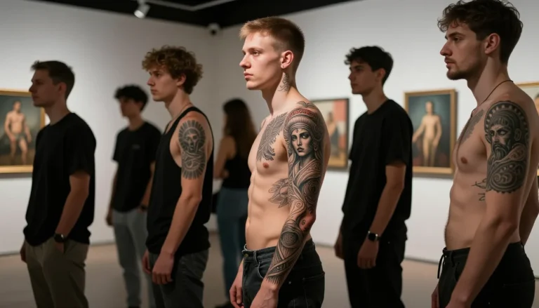 Diverse individuals displaying unique tattoos in an art setting.