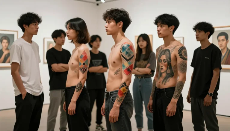 Diverse individuals displaying creative tattoo designs in an art setting.