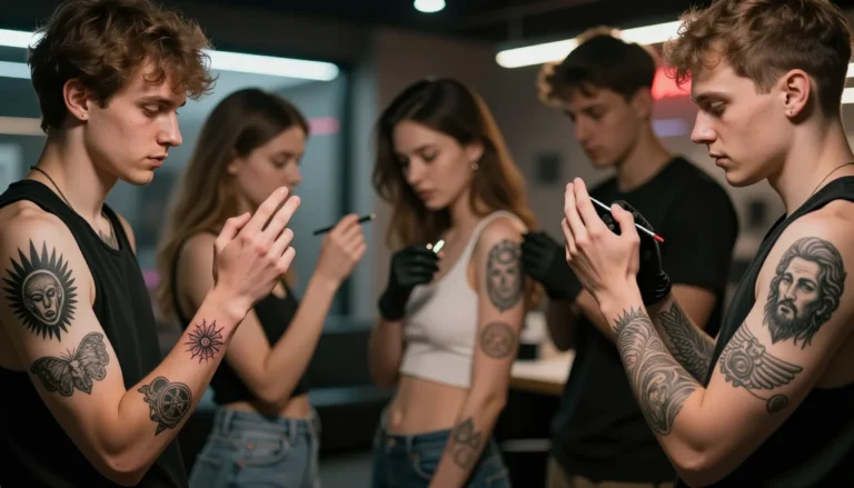 Diverse people displaying their tattoos in a city setting.