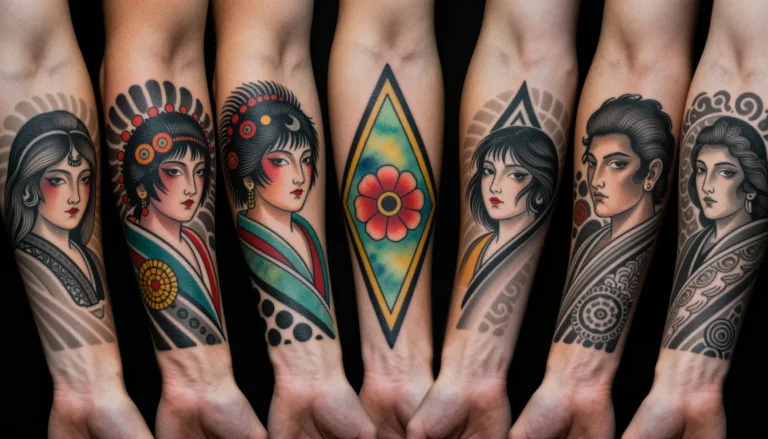 Разнообразие стилей татуировок на руке.