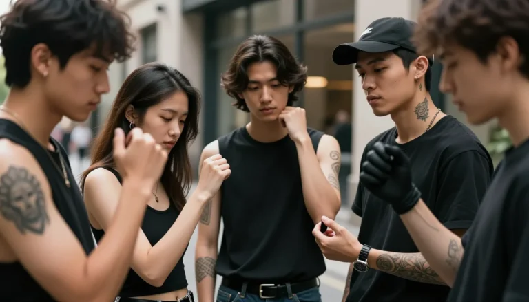 Разнообразные люди с татуировками в городской среде.