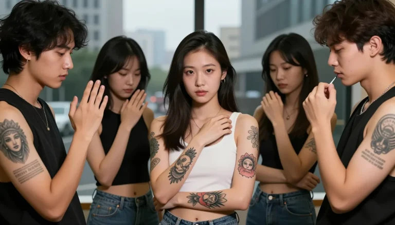 Разнообразные люди демонстрируют свои уникальные татуировки в городской обстановке.