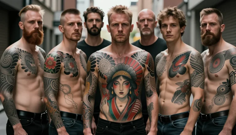 Разнообразные люди демонстрируют свои татуировки в городском пейзаже.