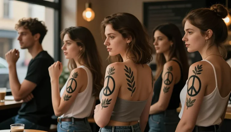 Люди с татуировками символов мира в кафе.